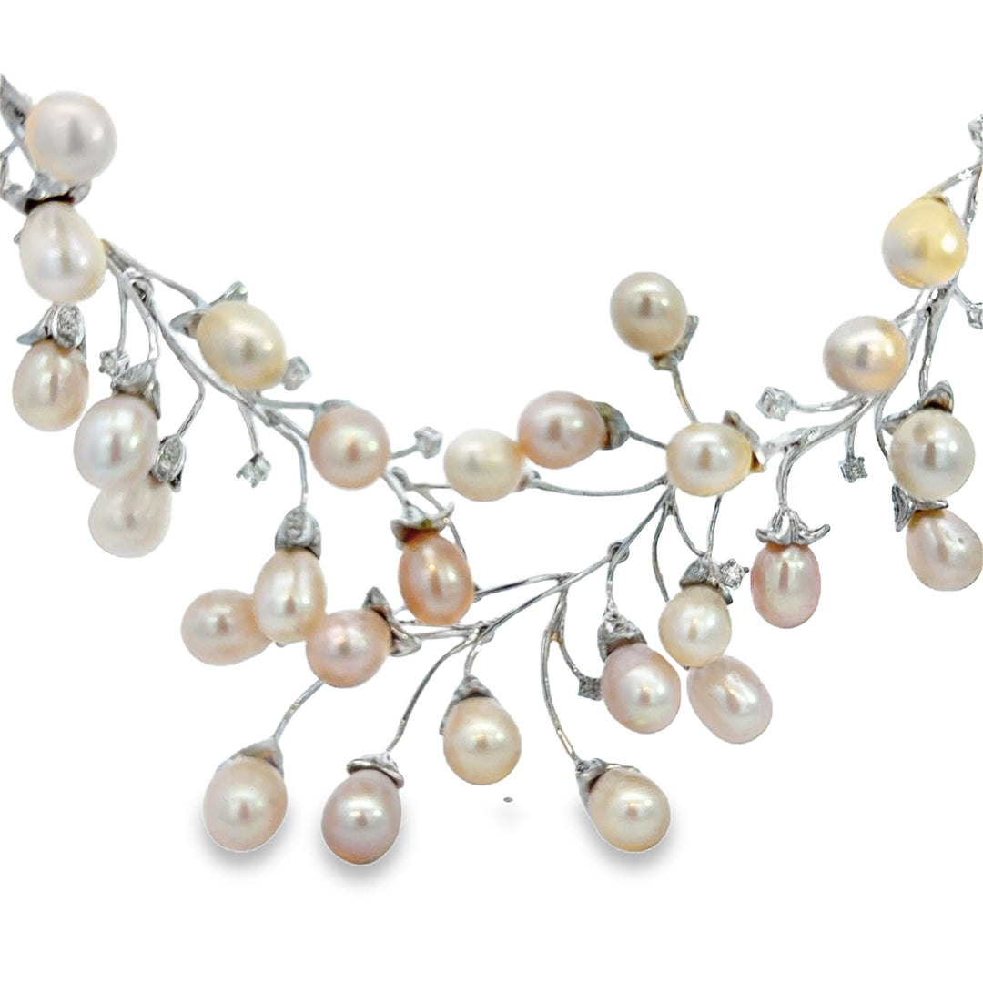 18K White Gold Pearl &amp; Diamond Branch Necklace