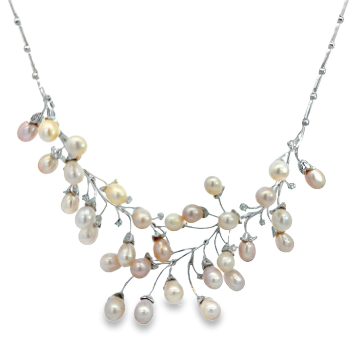 18K White Gold Pearl &amp; Diamond Branch Necklace