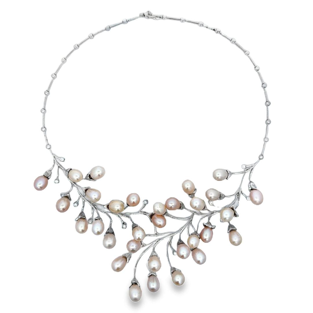 18K White Gold Pearl &amp; Diamond Branch Necklace
