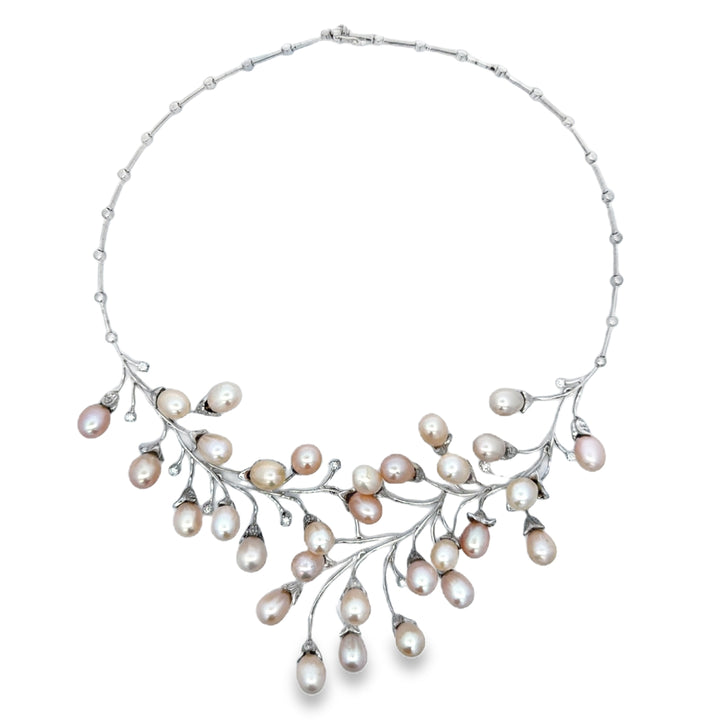 18K White Gold Pearl &amp; Diamond Branch Necklace