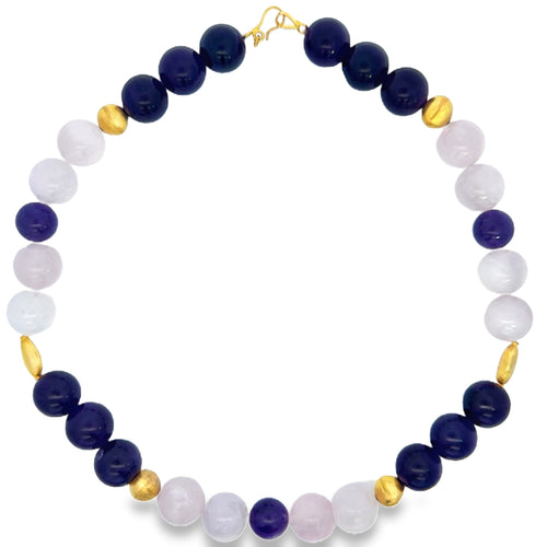 18K Yellow Gold Amethyst & Rose Quartz Beaded Necklace