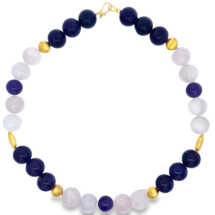 18K Yellow Gold Amethyst &amp; Rose Quartz Beaded Necklace
