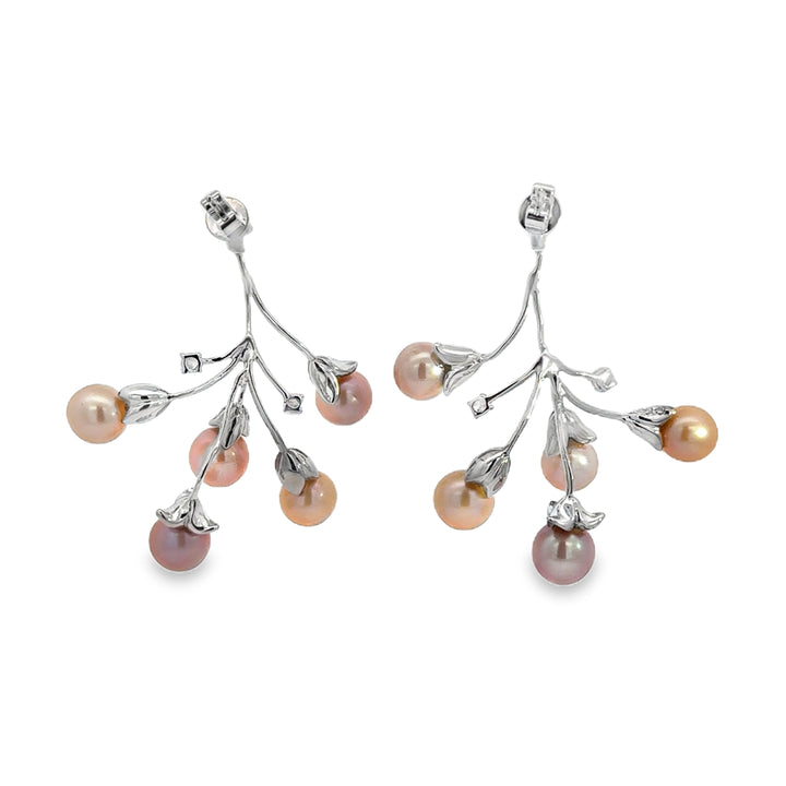 18K White Gold Diamond Pearl Branch Earrings