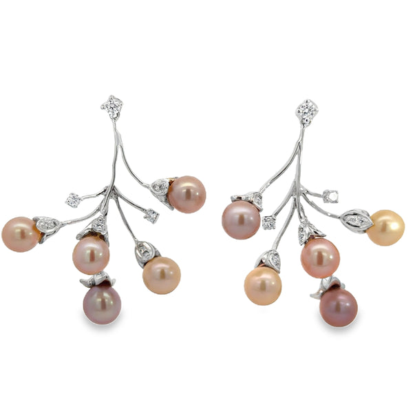 18K White Gold Diamond Pearl Branch Earrings