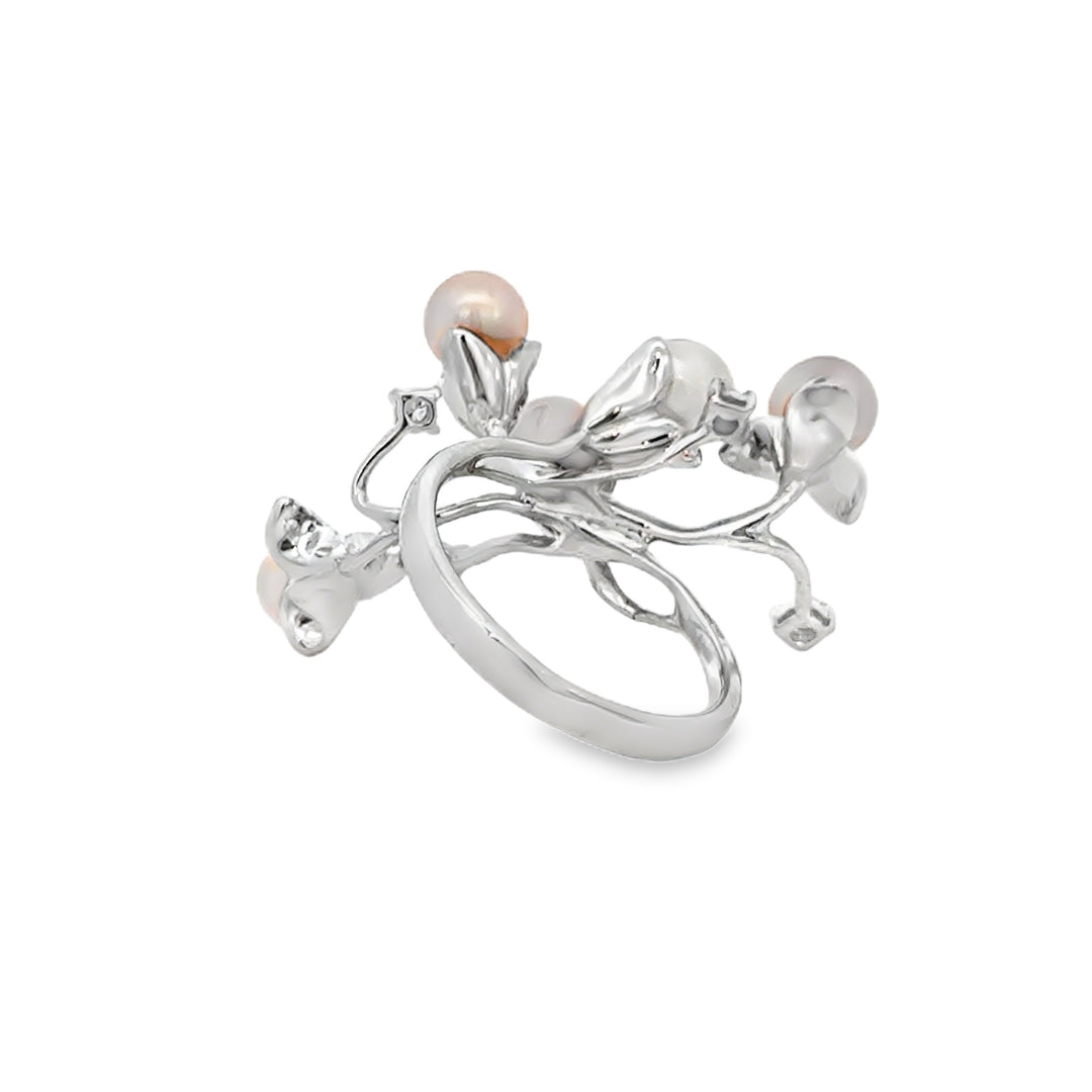 18K White Gold Pearl &amp; Diamond Branch Ring