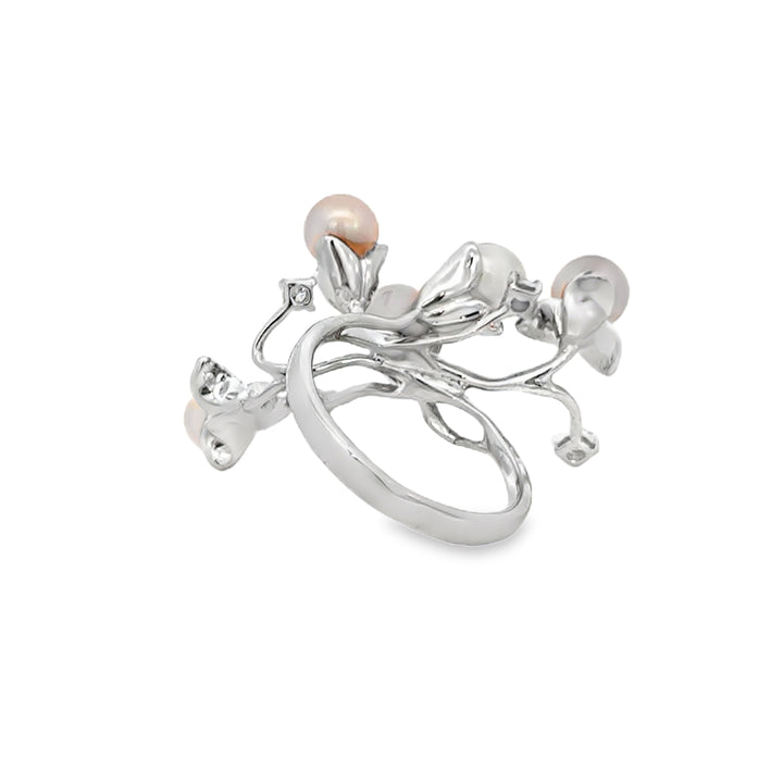 18K White Gold Pearl &amp; Diamond Branch Ring