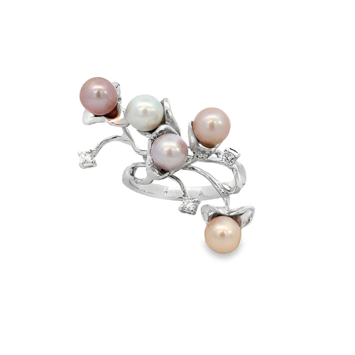 18K White Gold Pearl &amp; Diamond Branch Ring