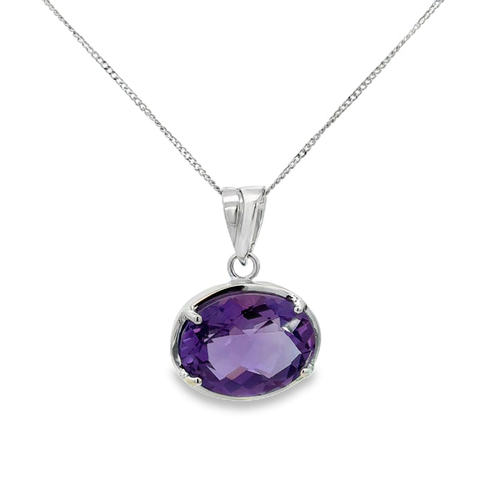 18K White Gold Oval Amethyst Pendant Necklace