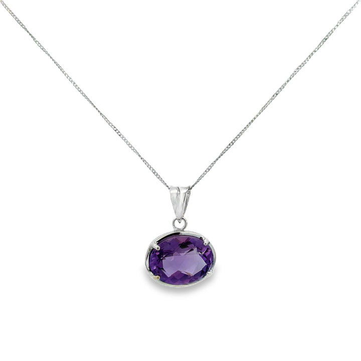 18K White Gold Oval Amethyst Pendant Necklace