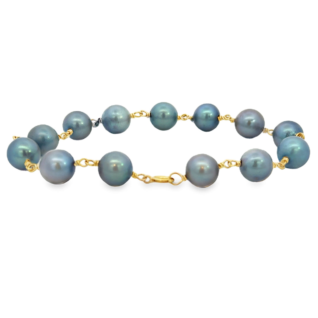14K Yellow Gold Bluish Gray Pearl Chain Bracelet