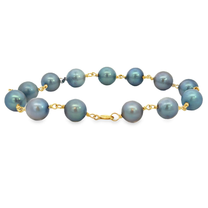 14K Yellow Gold Bluish Gray Pearl Chain Bracelet