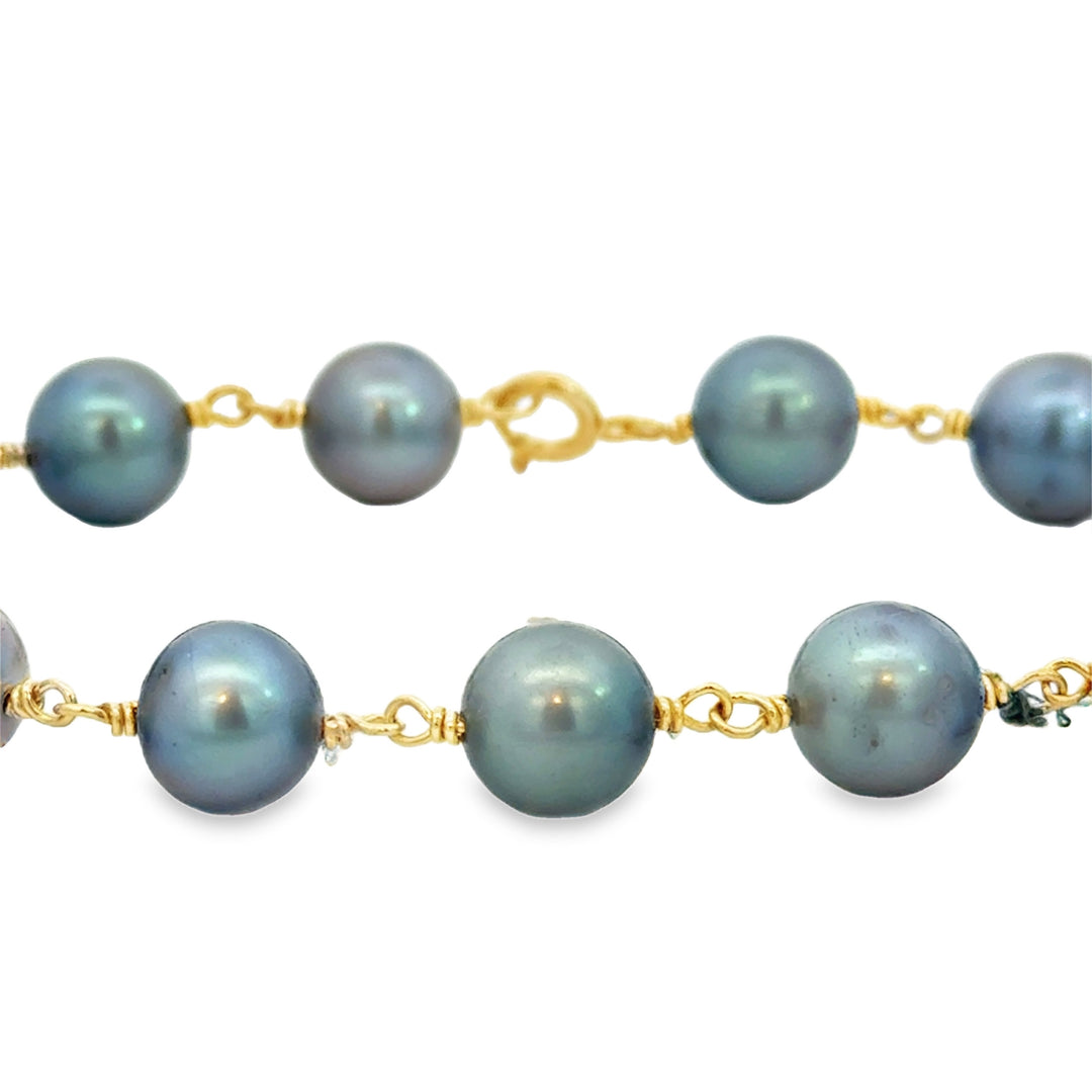 14K Yellow Gold Bluish Gray Pearl Chain Bracelet