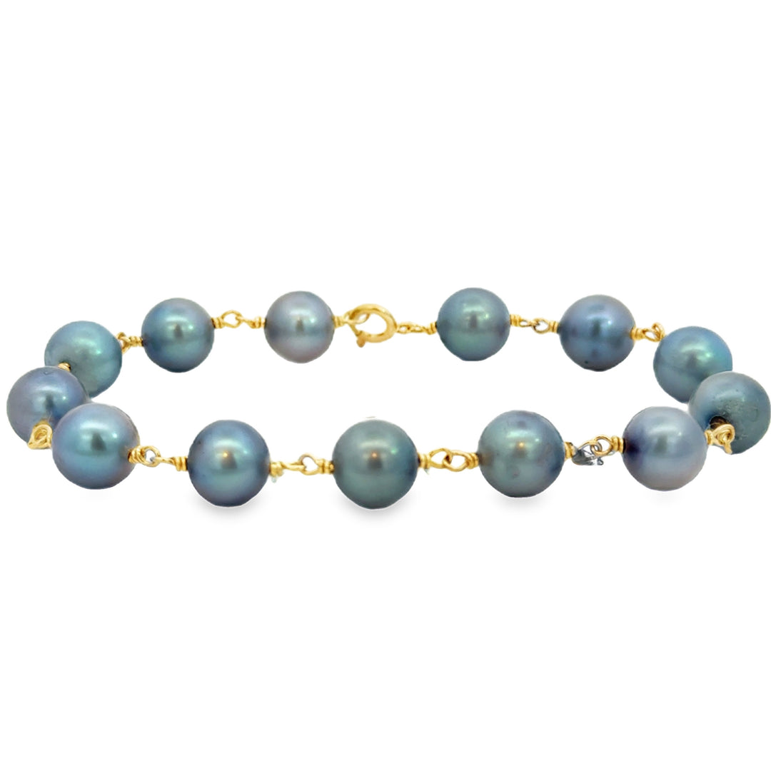 14K Yellow Gold Bluish Gray Pearl Chain Bracelet