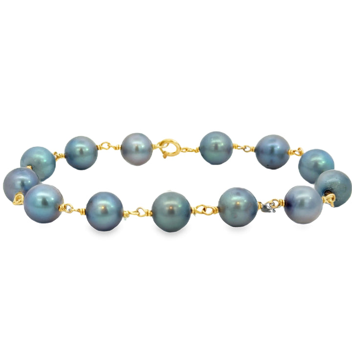 14K Yellow Gold Bluish Gray Pearl Chain Bracelet