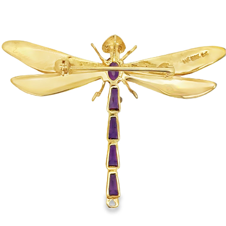 14K Yellow Gold Amethyst &amp; Diamond Dragonfly Brooch