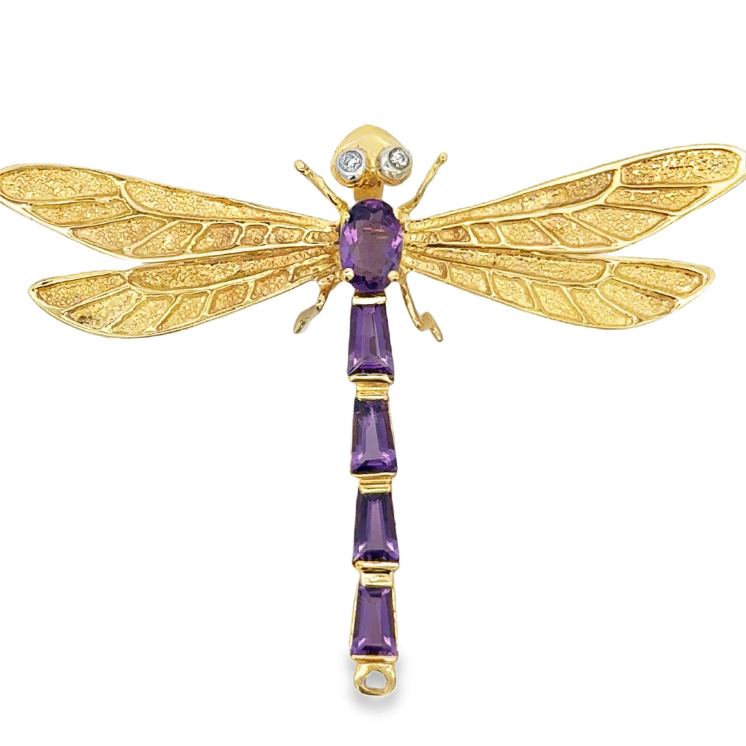 14K Yellow Gold Amethyst &amp; Diamond Dragonfly Brooch