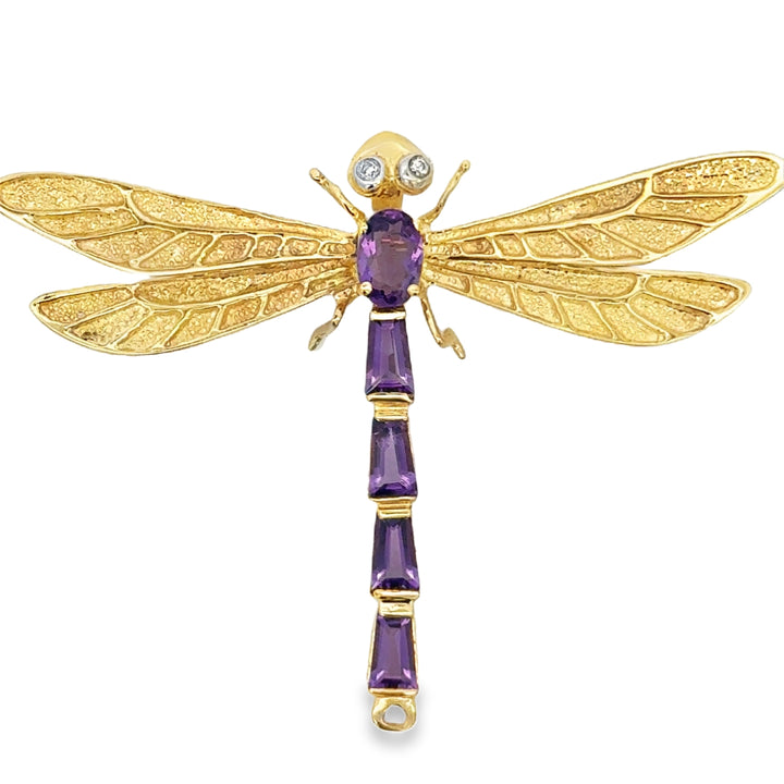 14K Yellow Gold Amethyst &amp; Diamond Dragonfly Brooch