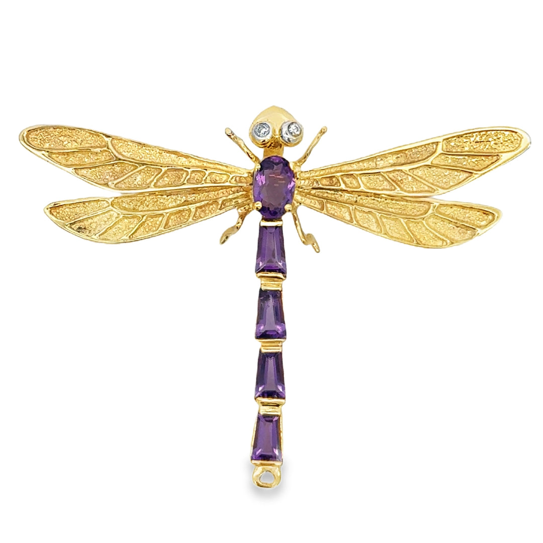 14K Yellow Gold Amethyst & Diamond Dragonfly Brooch