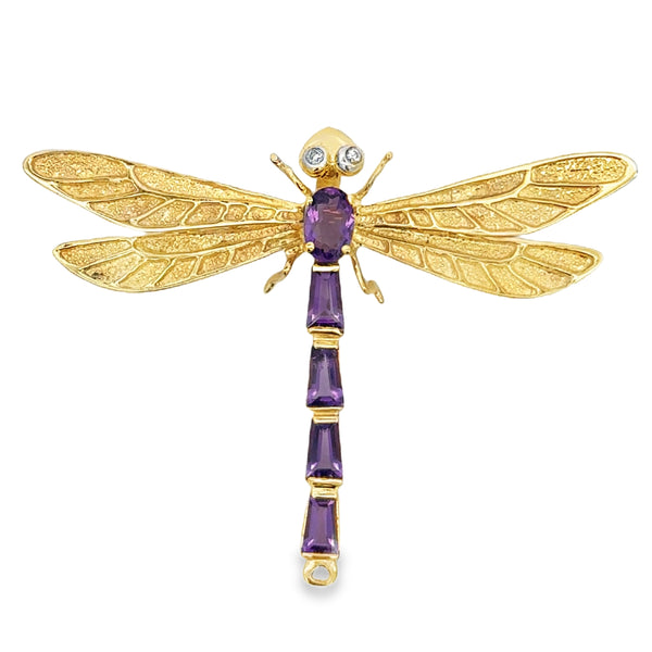 14K Yellow Gold Amethyst & Diamond Dragonfly Brooch