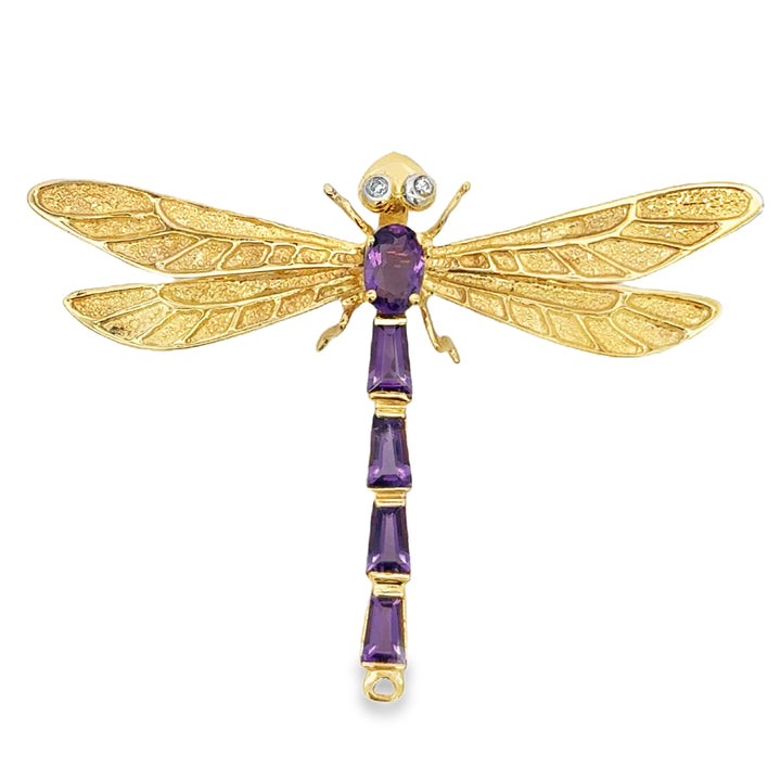 14K Yellow Gold Amethyst &amp; Diamond Dragonfly Brooch