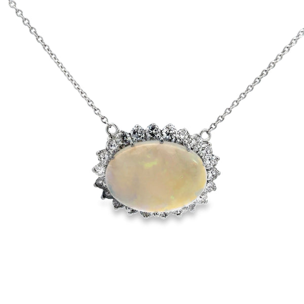 2.00 CTW Diamond 14K White Gold Oval Opal Pendant Necklace