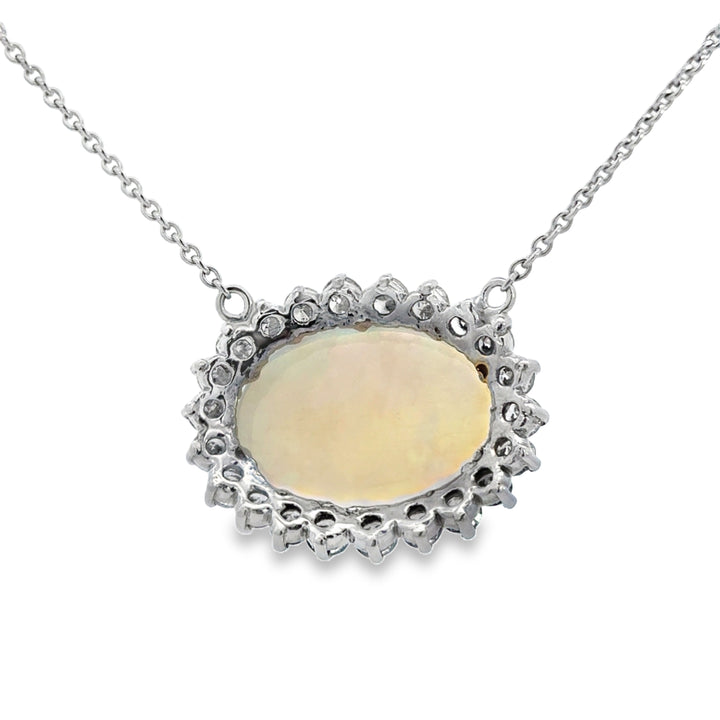 2.00 CTW Diamond 14K White Gold Oval Opal Pendant Necklace
