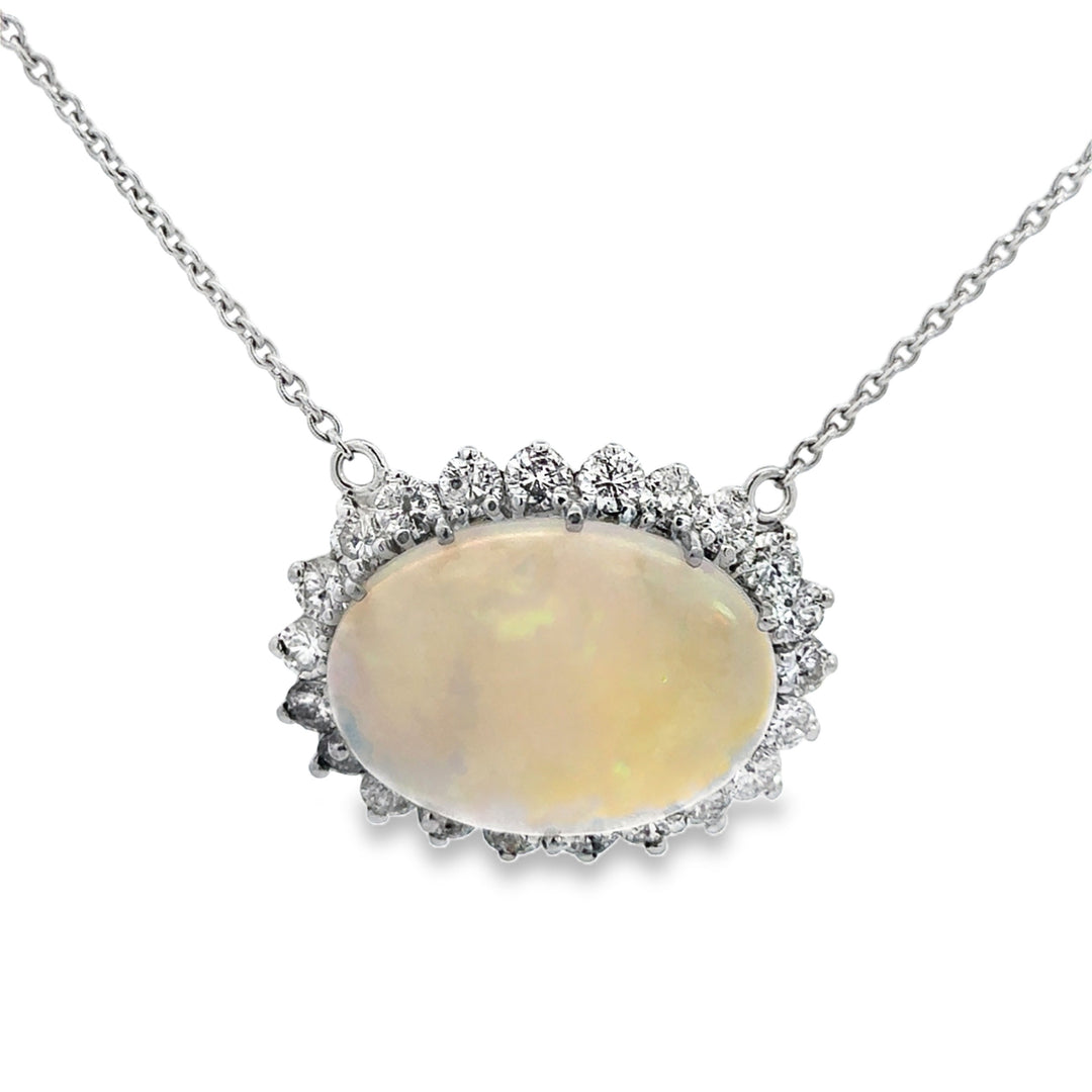 2.00 CTW Diamond 14K White Gold Oval Opal Pendant Necklace