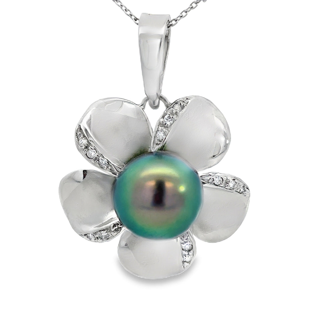 0.15 CTW Diamond 14K White Gold Tahitian Pearl Floral Pendant Necklace