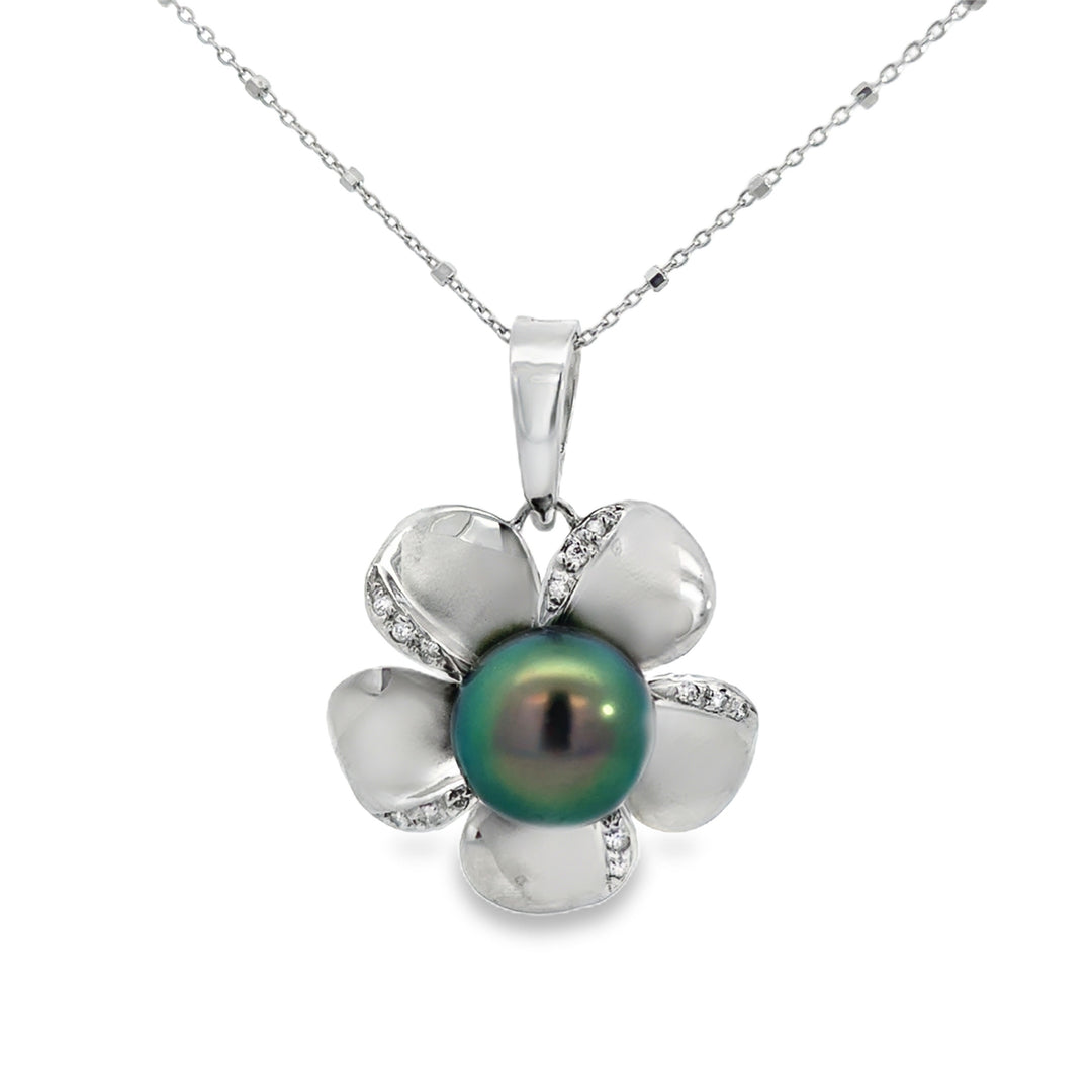 0.15 CTW Diamond 14K White Gold Tahitian Pearl Floral Pendant Necklace