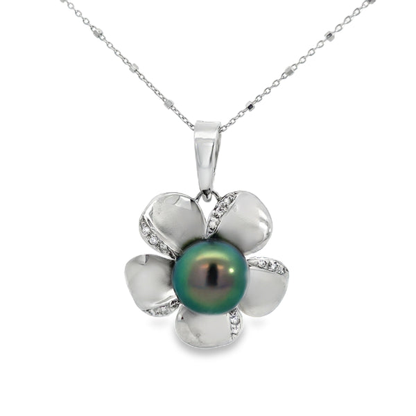 0.15 CTW Diamond 14K White Gold Tahitian Pearl Floral Pendant Necklace
