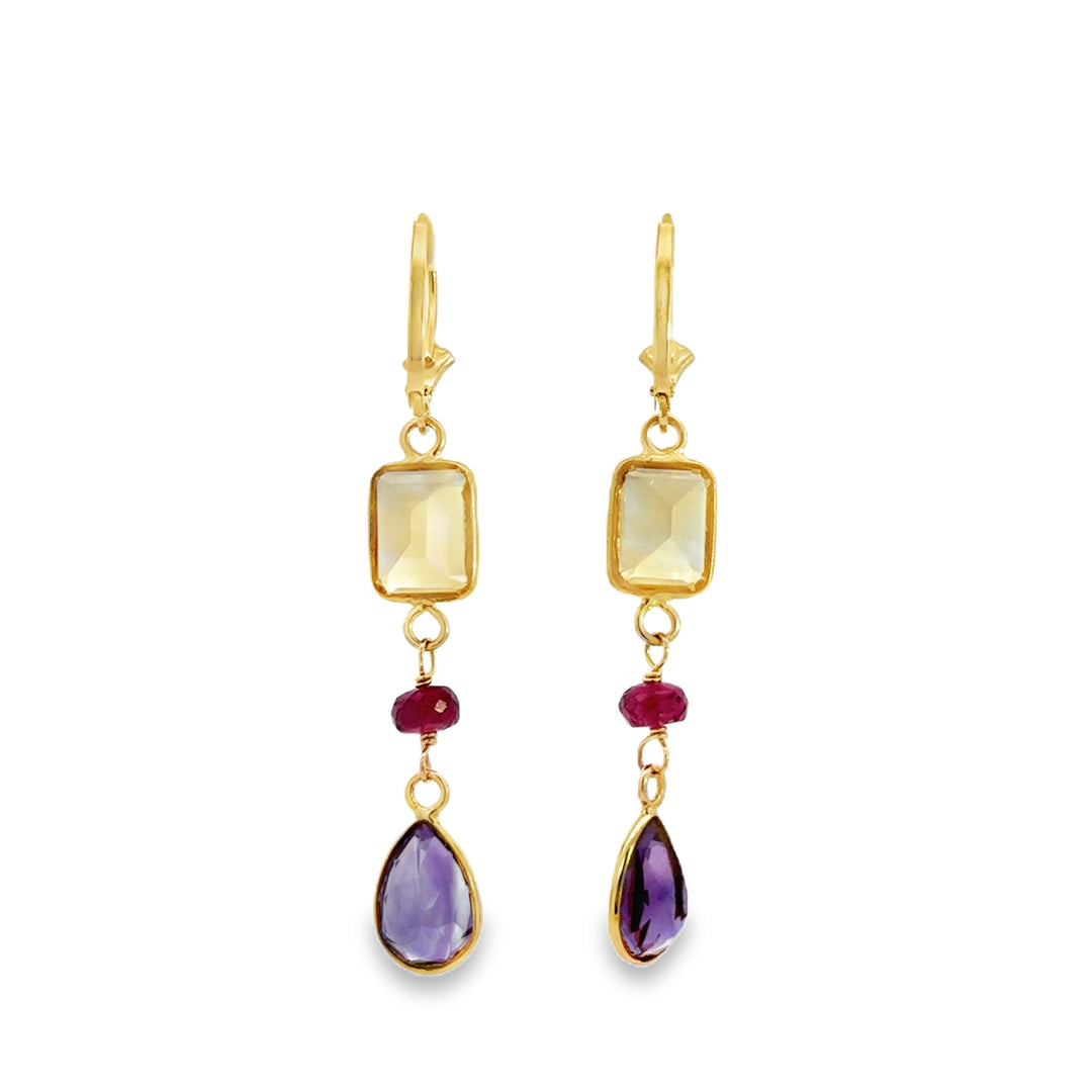 14K Yellow Gold Citrine, Garnet &amp; Amethyst Dangle Earrings