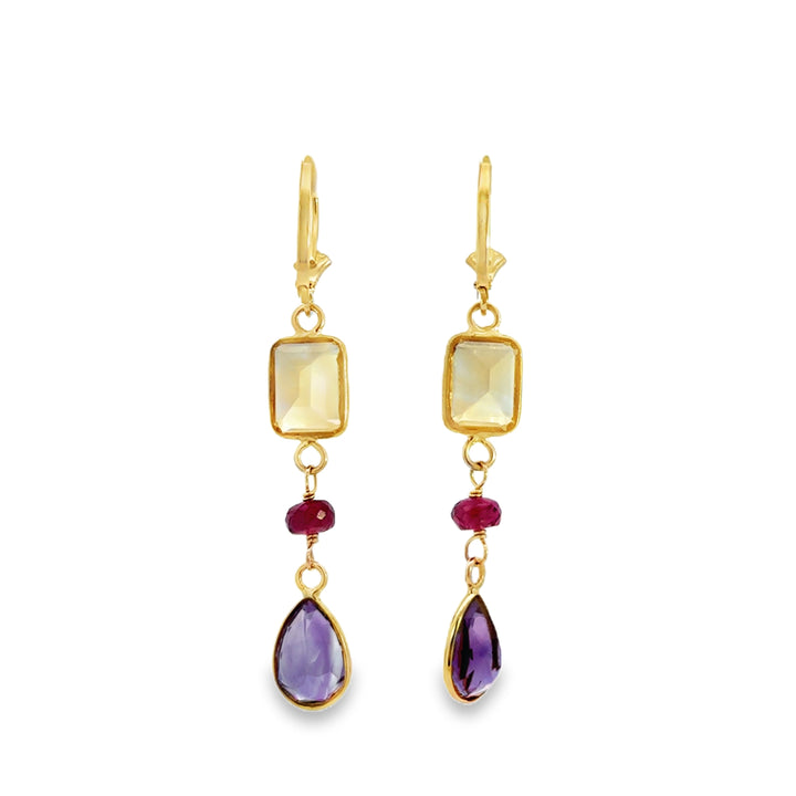 14K Yellow Gold Citrine, Garnet &amp; Amethyst Dangle Earrings