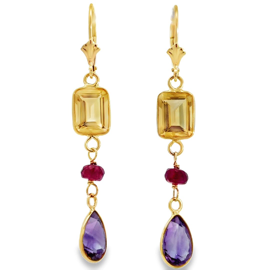 14K Yellow Gold Citrine, Garnet &amp; Amethyst Dangle Earrings