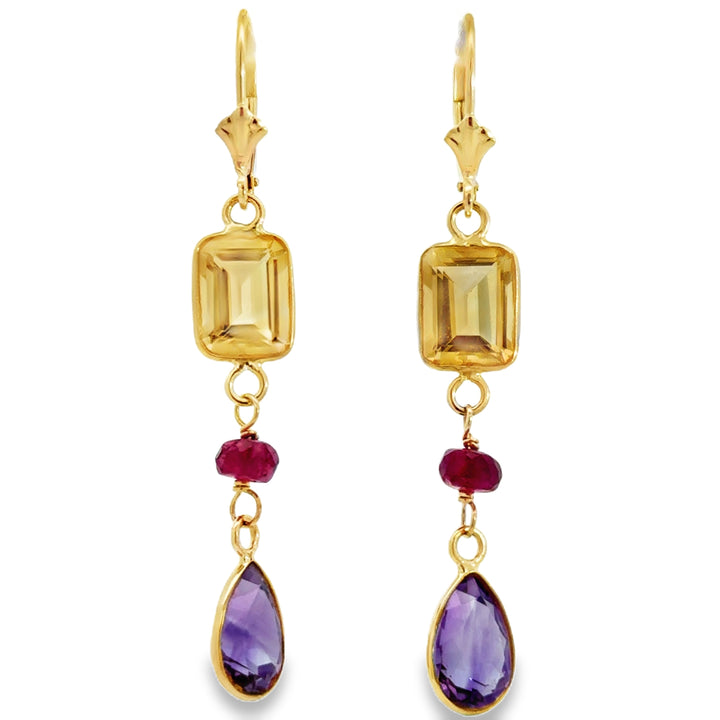 14K Yellow Gold Citrine, Garnet &amp; Amethyst Dangle Earrings