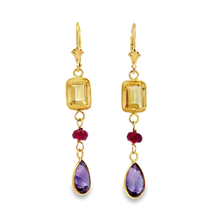 14K Yellow Gold Citrine, Garnet &amp; Amethyst Dangle Earrings