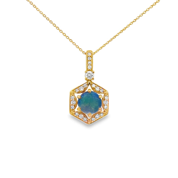 0.16 CTW Diamond & 0.58 CT Opal 14K Yellow Gold Pendant Necklace