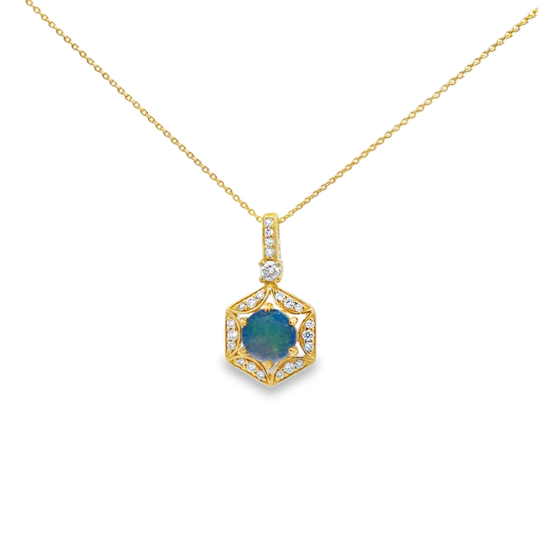 0.16 CTW Diamond &amp; 0.58 CT Opal 14K Yellow Gold Pendant Necklace