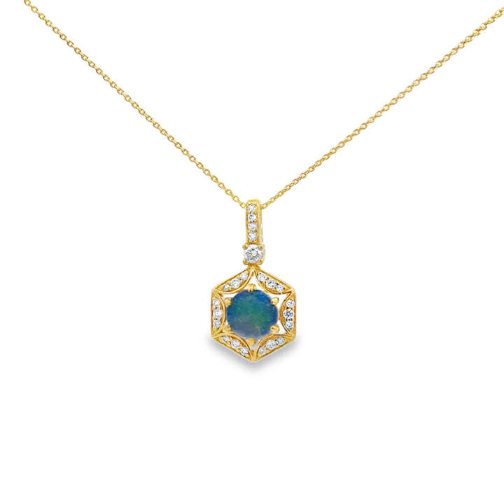 0.16 CTW Diamond &amp; 0.58 CT Opal 14K Yellow Gold Pendant Necklace