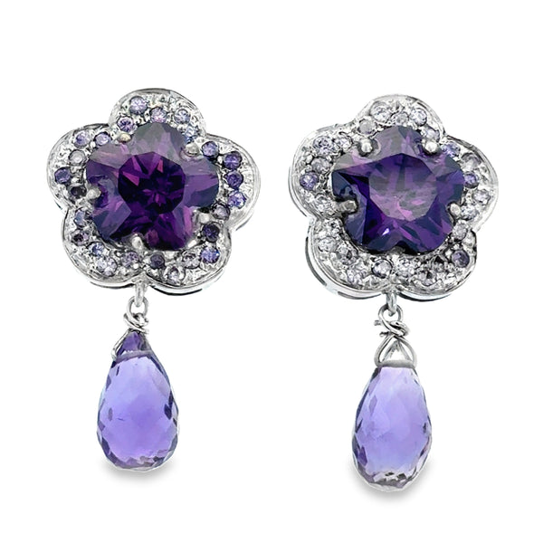 Amethyst 14K White Gold Flower Drop Earrings
