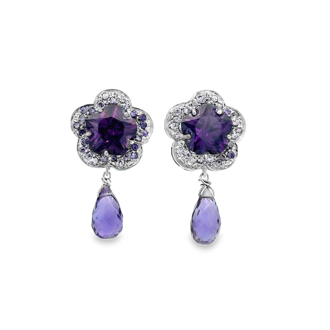 Amethyst 14K White Gold Flower Drop Earrings
