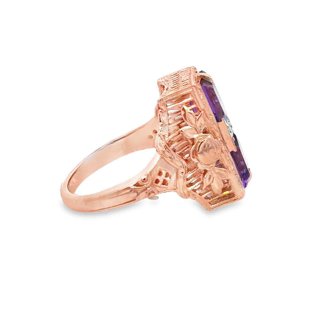 Vintage 0.03 CTW Diamond &amp; Amethyst 14K Rose Gold Filigree Ring
