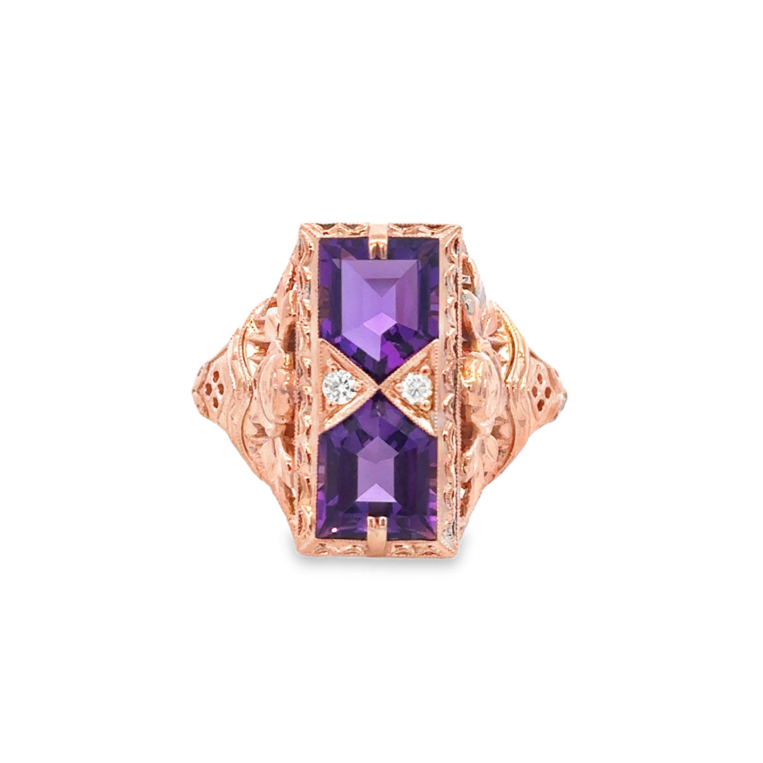 Vintage 0.03 CTW Diamond &amp; Amethyst 14K Rose Gold Filigree Ring