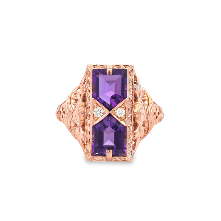 Vintage 0.03 CTW Diamond &amp; Amethyst 14K Rose Gold Filigree Ring