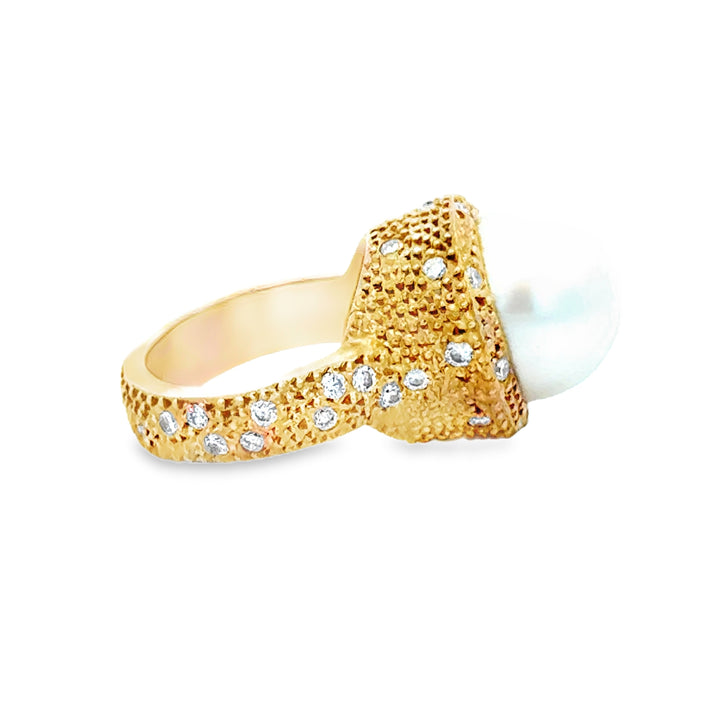 0.60 CTW Diamond &amp; 12mm Pearl 18K Yellow Gold Statement Ring