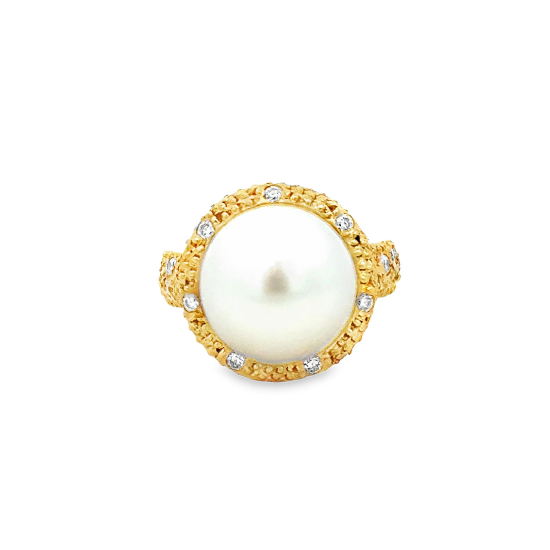 0.60 CTW Diamond &amp; 12mm Pearl 18K Yellow Gold Statement Ring