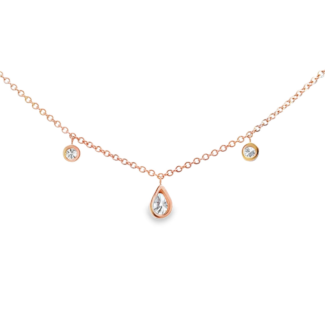 1.00 CTW Diamond Pear &amp; Round Station 14K Rose Gold Necklace