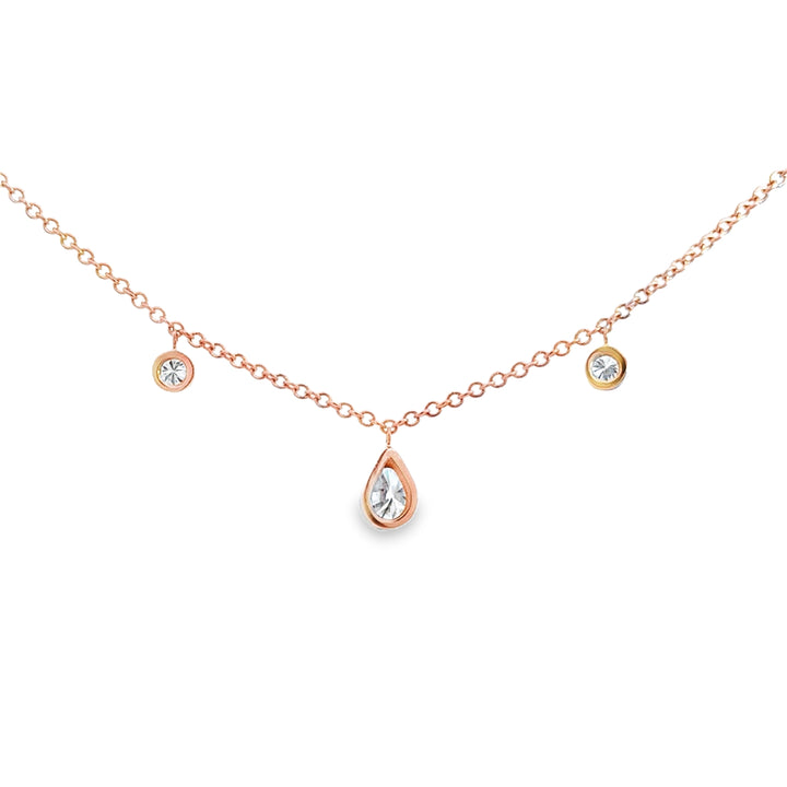 1.00 CTW Diamond Pear &amp; Round Station 14K Rose Gold Necklace