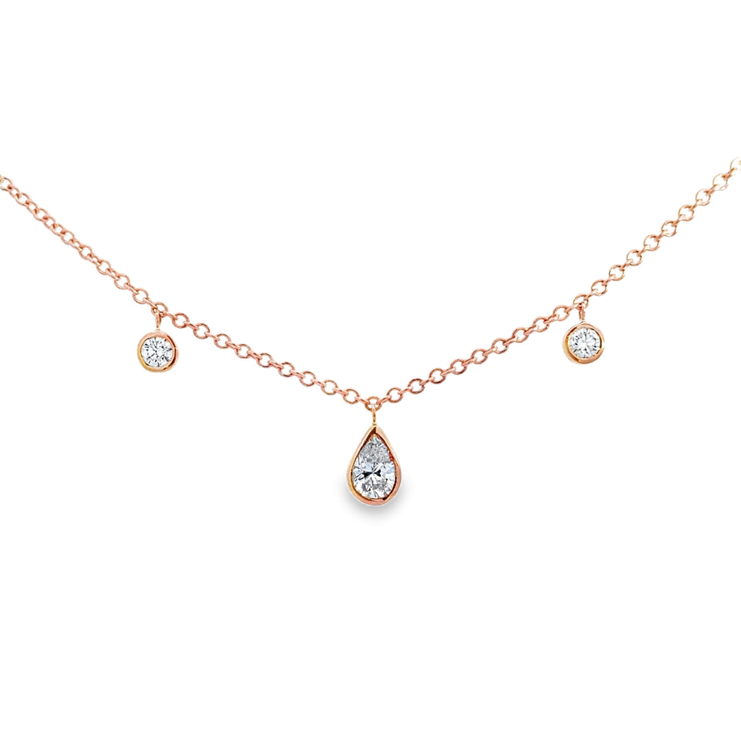 1.00 CTW Diamond Pear &amp; Round Station 14K Rose Gold Necklace