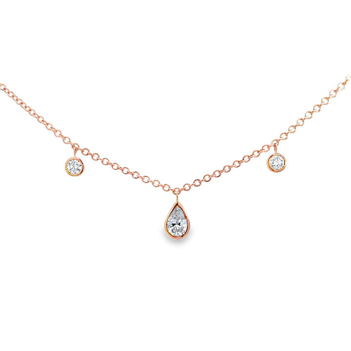 1.00 CTW Diamond Pear &amp; Round Station 14K Rose Gold Necklace