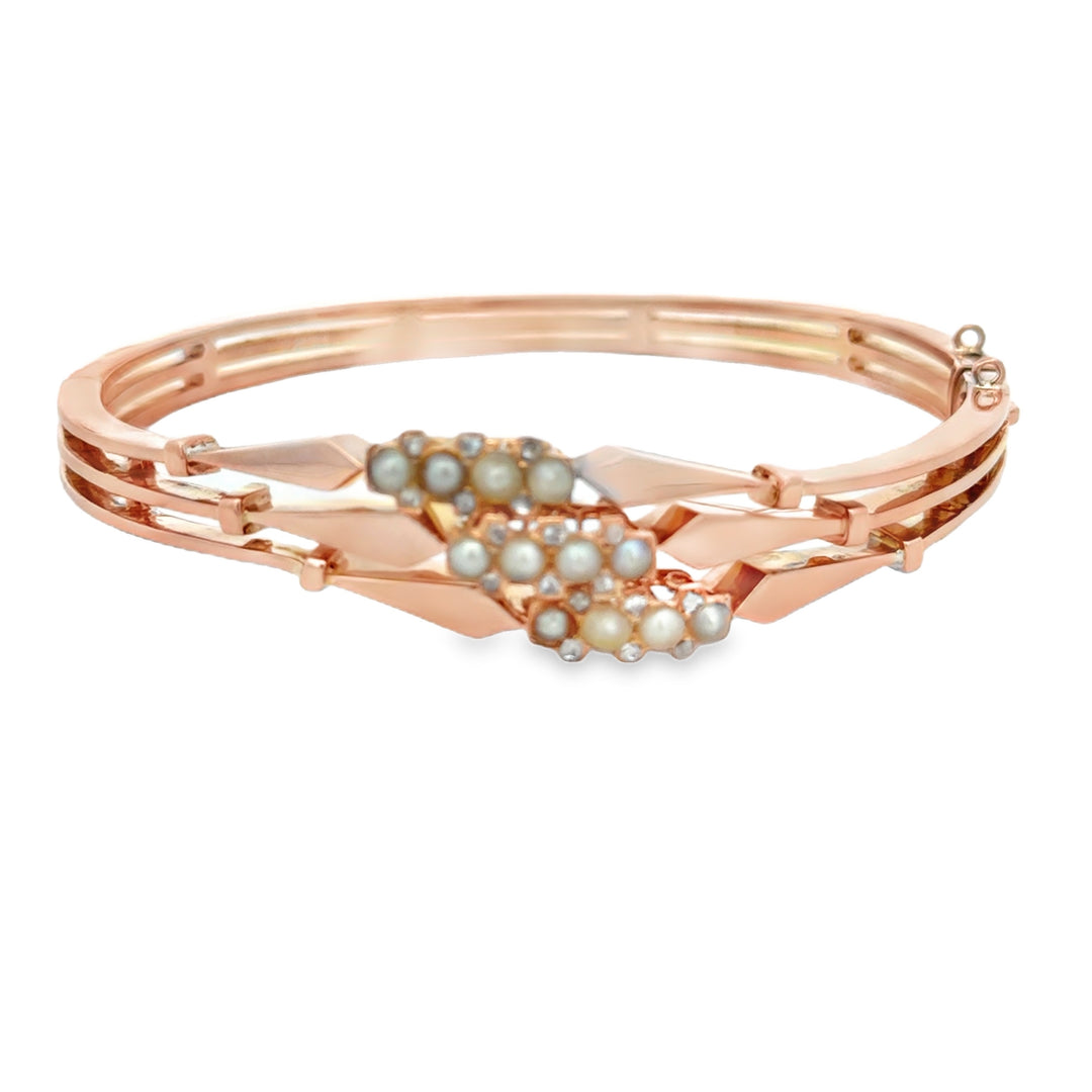 Vintage Pre-Art Deco Diamond &amp; Seed Pearl 14K Rose Gold Bangle Bracelet